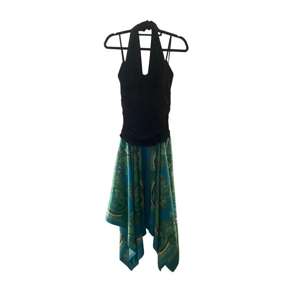 AGB Dress Black Halter Backless Sundress Asymmetrical Green Boho Patten Summer